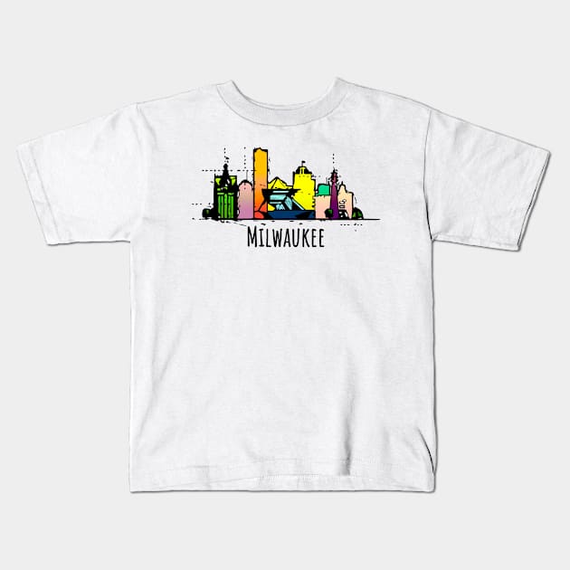 Milwaukee City Colorful Cartoon Skyline Kids T-Shirt by DimDom